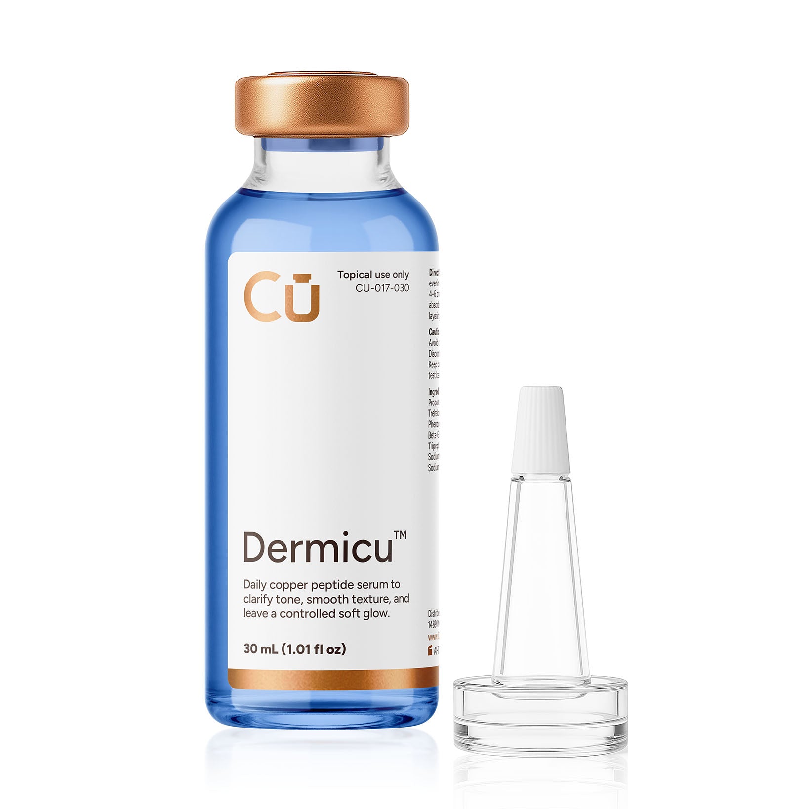 A 30 mL bottle of Dermicu™ GHK-Cu Facial Serum by Dermicu, featuring a gold cap and a clear plastic applicator tip, displayed on a white background—ideal for enhancing epidermal hydration.