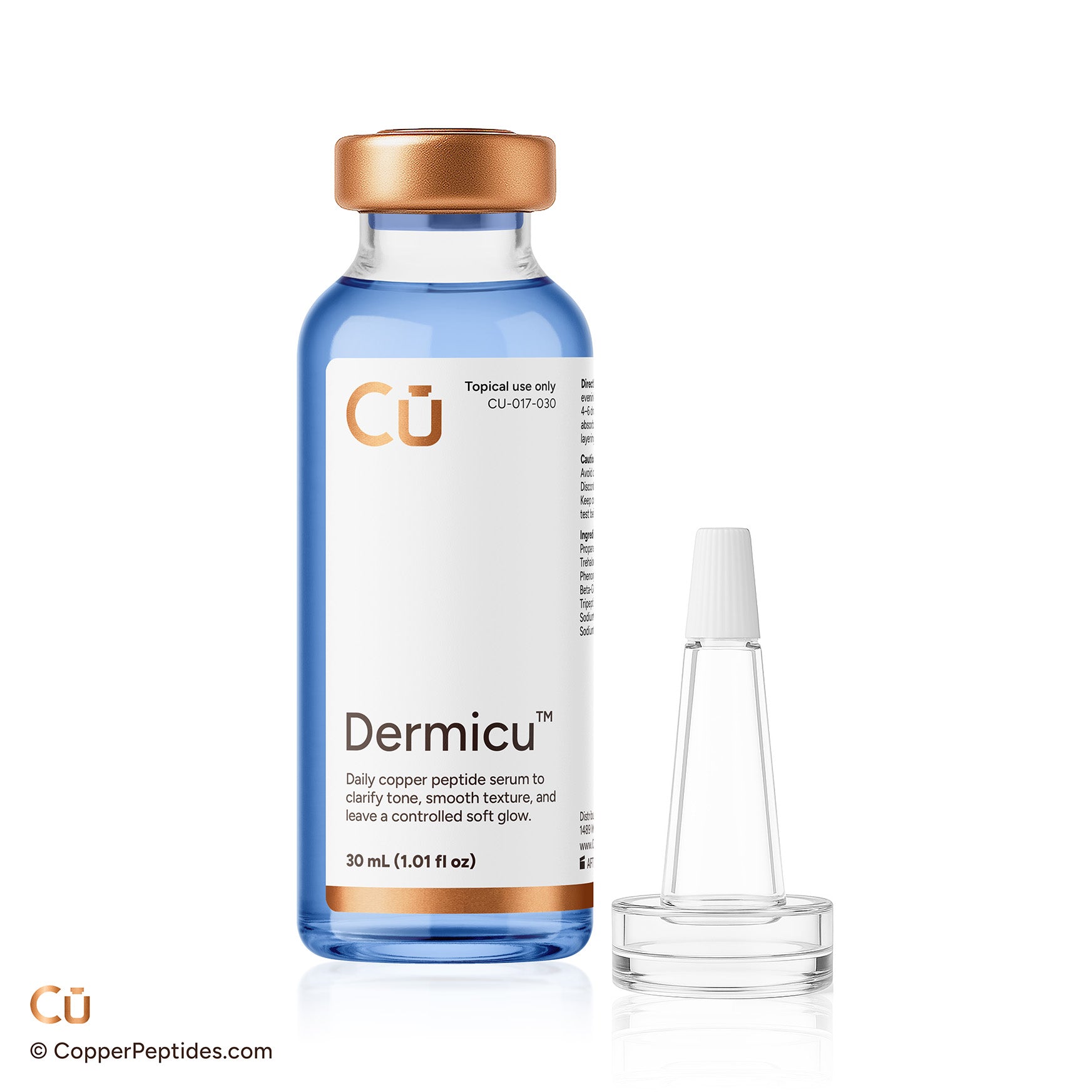 A blue-capped Dermicu™ GHK-Cu Facial Serum bottle with a clear applicator tip beside it; this daily serum from Dermicu features GHK-Cu to support optimal epidermal hydration.