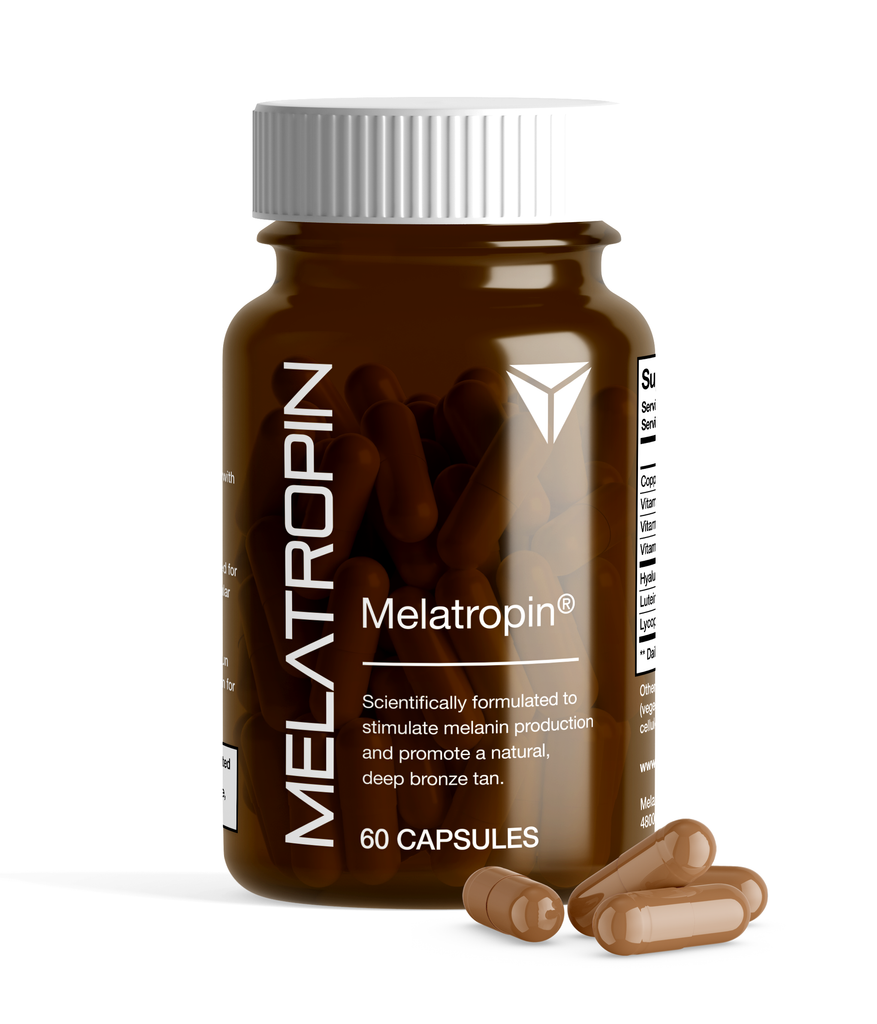 A bottle of Melatropin® Tanning Pills (60 count) with a white cap, now offered in sterile vial offerings. (Brand Name: Melatropin)