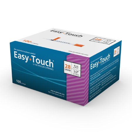 A box containing quality MHC EasyTouch™ 1/2cc x 28G x 1/2" Insulin Syringes (Box of 100), essential for medical injection kits.