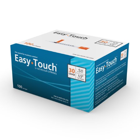 A box of MHC EasyTouch™ 1/2cc x 30G x 1/2" Insulin Syringes (Box of 100) with blue and white text selling Sterile Water Products.