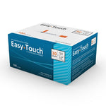 A box of MHC EasyTouch™ 1/2cc x 30G x 1/2" Insulin Syringes (Box of 100) with blue and white text selling Sterile Water Products.