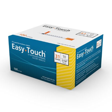 A box of MHC EasyTouch™ 1cc x 31G x 5/16" Insulin Syringes (Box of 100) on a sterile white background.