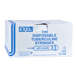 Box labeled "Exel 1cc (1mL) 25g x 1\" Luer Slip-Tip Syringe & Hypodermic Needle," featuring a set of 100 sterile syringes from MedPlus, specifically designed to minimize medication waste and not made with natural rubber latex.