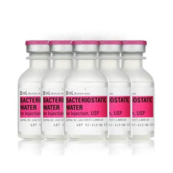 Five bottles of Henry Schein's 30ml Bacteriostatic Water for Injection (5 Pack), essential for medical injections.