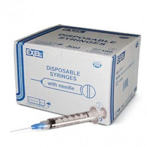 Six Exel 3cc Syringe and Needle units by MedPlus, from a box of 100, are standing upright on a white background. Price increased to $11.38 from $9.81 as of 6/10/25.
