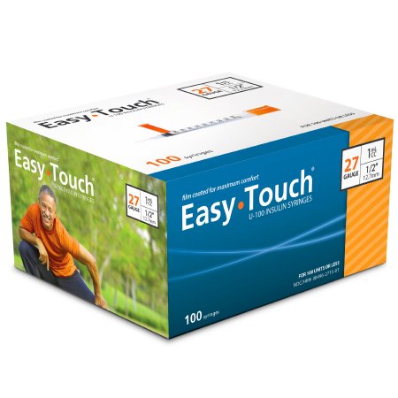A box of MHC EasyTouch™ 1cc x 27G x 1/2" Insulin Syringes (Box of 100) on a white background, providing comfort.