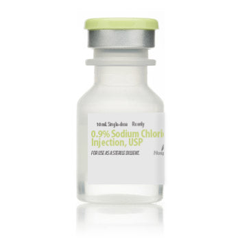 A clear 10 mL bottle labeled "0.9% Sodium Chloride Injection, USP" (Henry Schein), preservative-free with a green and silver cap, sterile, intended for parenteral use as a diluent.