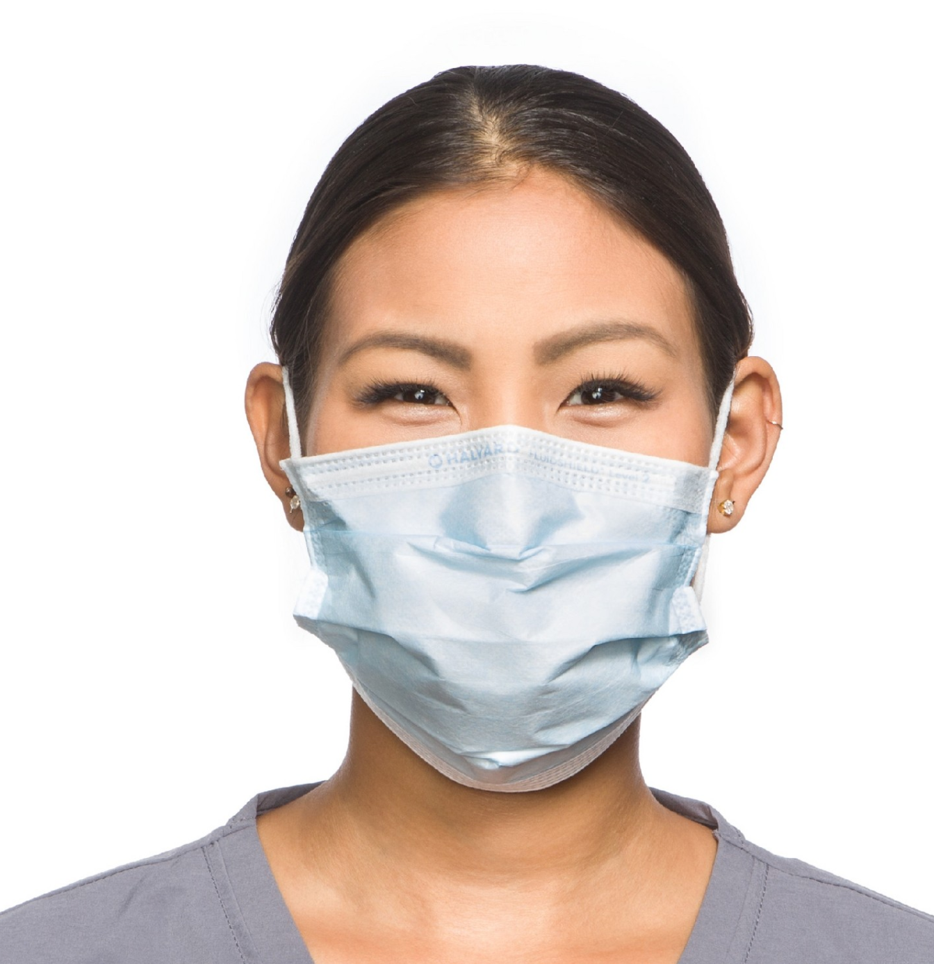 A box of MedPlus Halyard Fluidshield* Level 2 Procedure Masks (ASTM F2100-11), 50 blue, fluid-resistant masks per box, includes product details and mask illustration on packaging. Case cost applies.