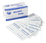 A box labeled "Medium Alcohol Prep Pads" by MHC displays individually packaged pads containing 70% isopropyl alcohol for external use, ideal for quick and effective sanitation. Each box contains 200 disinfecting wipes.