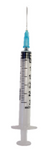 A MedPlus Exel 3ml (3cc) Syringe/Needle Combination Luer-Slip Tip 20G x 1" (Box of 100) syringe with a blue and white Slip-Tip design.
