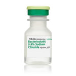 A close-up of a Henry Schein Bacteriostatic NaCl (Sodium Chloride) 0.9% 10mL water bottle.