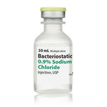 A Bacteriostatic NaCl (Sodium Chloride) 0.9% 30mL solution, an essential component of a medical injection kit, manufactured by Henry Schein.