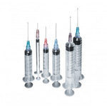 A group of MedPlus Exel 3cc Syringe and Needle (Box of 100) on a white background.