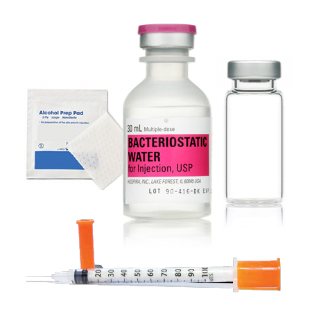 The Medium Injection Kit by Custom Item is displayed on a white background, featuring a syringe, two vials (one labeled “Bacteriostatic Water”), and an alcohol prep pad. Price corrected: $31.14/$32.19 as of 6/24/25.