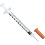 A MedPlus brand BD Insulin Syringe, complete with measurement markings and an attached needle, is accompanied by a detached orange cap, making it ideal for the medical market.