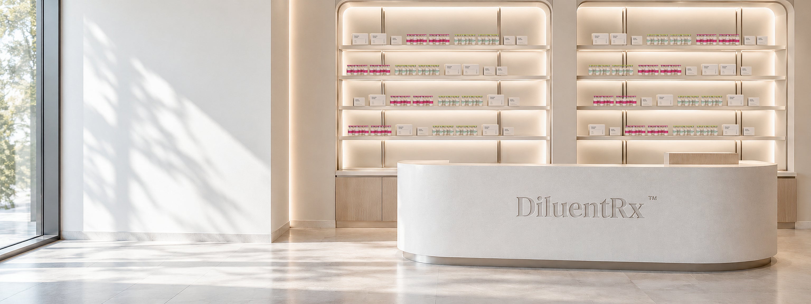 Boutique pharmacy concept with small diluent vials, cartons and packaged injection supplies on illuminated shelves behind a curved white counter.